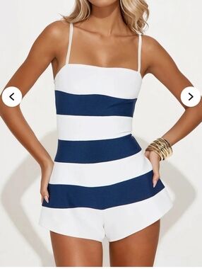 Fashion Nova Navy and White Strapless Stripe Romper